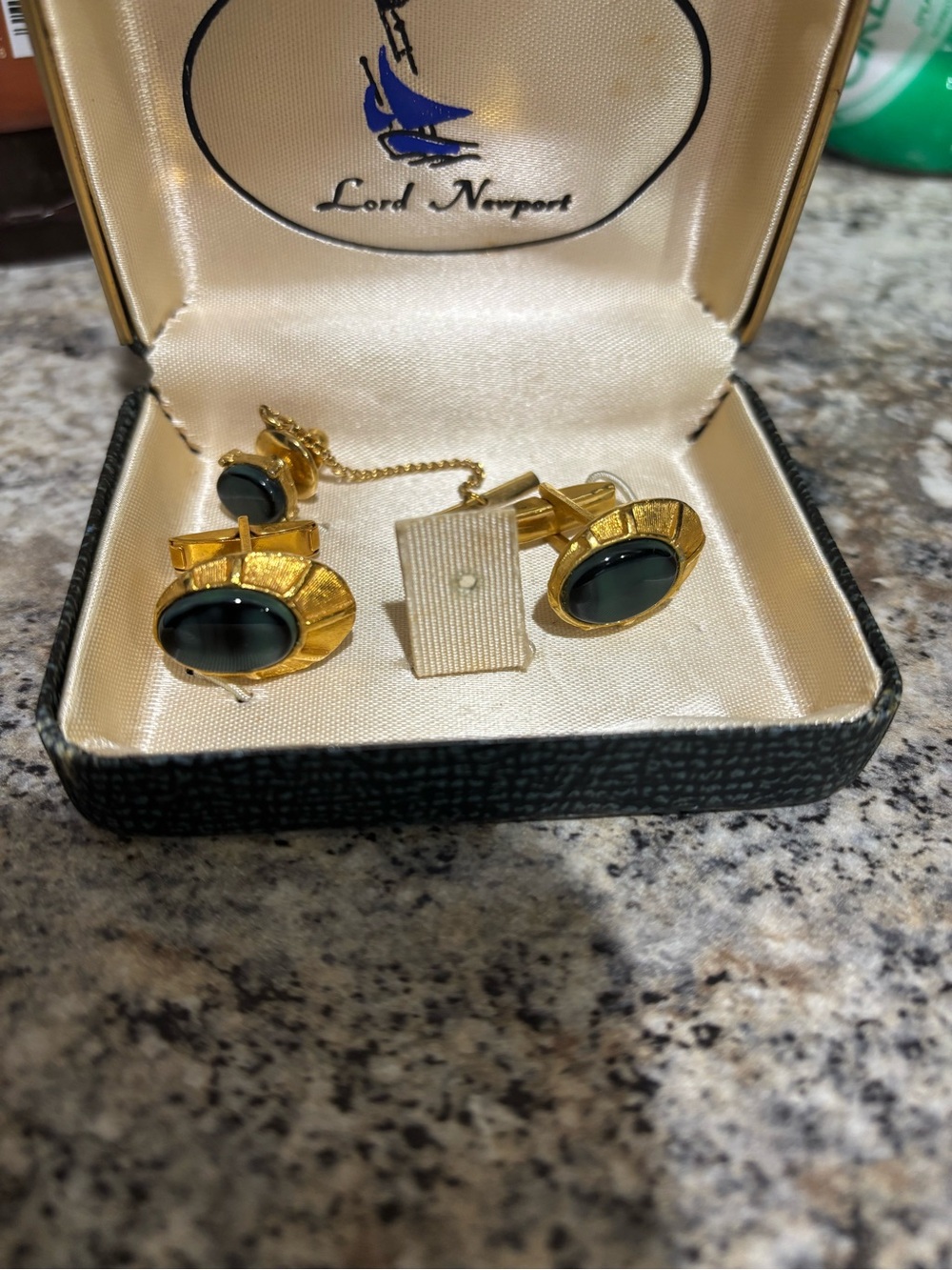 Source Unknown Gold-Tone Cufflinks with Dark Green Cabochons
